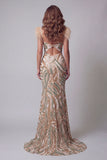 Champagne Mermaid Sequin Pageant Dress with Feathers