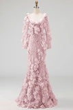 Long Sleeve Blush Mermaid Pageant Dress with 3D Flowers