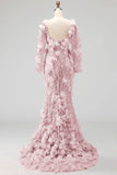 Long Sleeve Blush Mermaid Pageant Dress with 3D Flowers
