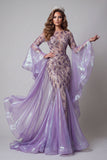 Sparkly Lavender Flare Sleeves Mermaid Long Beaded Pageant Dress
