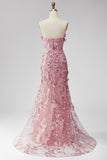Sparkly Blush Sequins Corset Mermaid Strapless Long Beaded Floral Prom Dress
