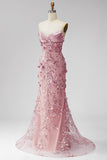 Sparkly Blush Sequins Corset Mermaid Strapless Long Beaded Floral Prom Dress