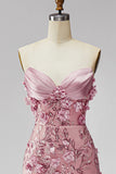 Sparkly Blush Sequins Corset Mermaid Strapless Long Beaded Floral Prom Dress