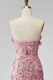 Sparkly Blush Sequins Corset Mermaid Strapless Long Beaded Floral Prom Dress