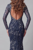 Sparkly Navy Open Back High Neck Mermaid Long Beaded Pageant Dress