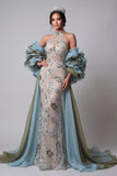Sparkly Champagne Mermaid Ruffled Beaded Floral Long Pageant Dress with Cape