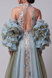 Sparkly Champagne Mermaid Ruffled Beaded Floral Long Pageant Dress with Cape