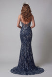 Sparkly Navy Long Mermaid Cold Shoulder Pageant Dress with Beading