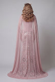 Sparkly Pink Strapless Mermaid Long Beaded Floral Pageant Dress with Cape
