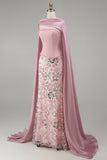 Sparkly Pink Strapless Mermaid Long Beaded Floral Pageant Dress with Cape