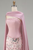Sparkly Pink Strapless Mermaid Long Beaded Floral Pageant Dress with Cape