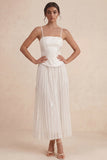 White Spaghetti Straps A Line Pleated Long Graduation Dress with Appliques