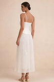 White Spaghetti Straps A Line Pleated Long Graduation Dress with Appliques