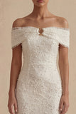 White Off the Shoulder Bodycon Midi Graduation Dress with Pearls