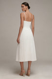 White Spaghetti Straps Pleated A Line Midi Corset Graduation Dress