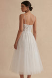 White Tulle Spaghetti Straps A Line Corset Midi Graduation Dress