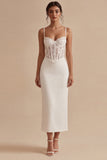 White Spaghetti Straps Ankle Length Corset Graduation Dress with Lace