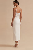 White Spaghetti Straps Ankle Length Corset Graduation Dress with Lace