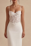 White Spaghetti Straps Ankle Length Corset Graduation Dress with Lace