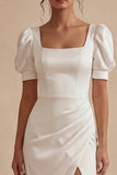 White Satin Square Neck Sheath Midi Graduation Dress with Slit