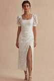 White Lace Square Neck Puff Sleeves Ankle Length Graduation Dress with Slit