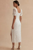 White Lace Square Neck Puff Sleeves Ankle Length Graduation Dress with Slit