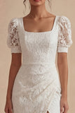 White Lace Square Neck Puff Sleeves Ankle Length Graduation Dress with Slit