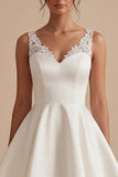White Short V-Neck A Line Graduation Dress with Lace