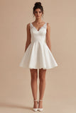 White Short V-Neck A Line Graduation Dress with Lace