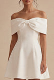 White Off the Shoulder Satin Short Graduation Dress with Bow