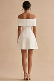 White Off the Shoulder Satin Short Graduation Dress with Bow
