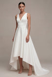 A Line V-Neck White High Low Engagement Dress