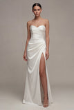 Sweetheart Ruched White Maxi Sheath Engagement Dress with Slit