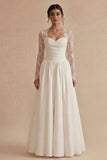 White Long Sleeves Floral A Line Maxi Boho Wedding Dress with Lace