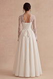 White Long Sleeves Floral A Line Maxi Boho Wedding Dress with Lace