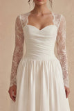 White Long Sleeves Floral A Line Maxi Boho Wedding Dress with Lace