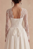 White Long Sleeves Floral A Line Maxi Boho Wedding Dress with Lace