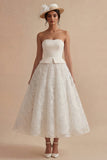White Strapless Long Floral Lace A Line Boho Wedding Dress