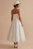 White Strapless Long Floral Lace A Line Boho Wedding Dress