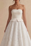 White Strapless Long Floral Lace A Line Boho Wedding Dress