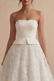 White Strapless Long Floral Lace A Line Boho Wedding Dress