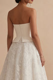 White Strapless Long Floral Lace A Line Boho Wedding Dress