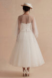 White  A Line Ilusion Bateau Neck Long Boho Wedding Dress