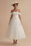 White Off the Shoulder A Line Long Boho Wedding Dress