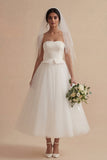 White A Line Strapless Long Boho Wedding Dress