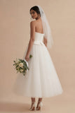 White A Line Strapless Long Boho Wedding Dress