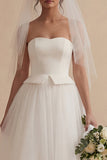 White A Line Strapless Long Boho Wedding Dress