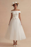White Long Off the Shoulder A Line Boho Wedding Dress