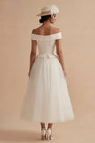 White Long Off the Shoulder A Line Boho Wedding Dress