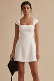 White Cap Sleeves Square Neck Short A Line Graduation Dress